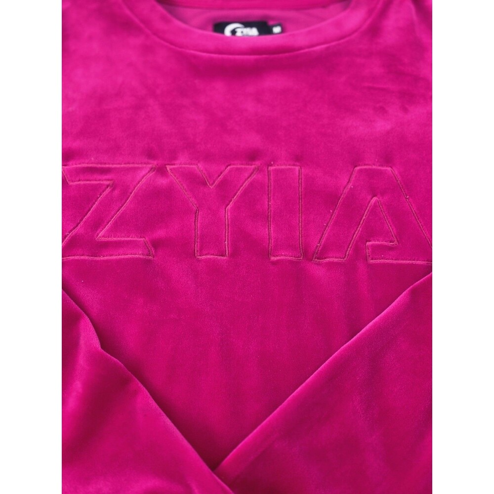 ZYIA Size Medium Active Fuchsia Pink Velvet Spell Out Pullover Sweatshirt